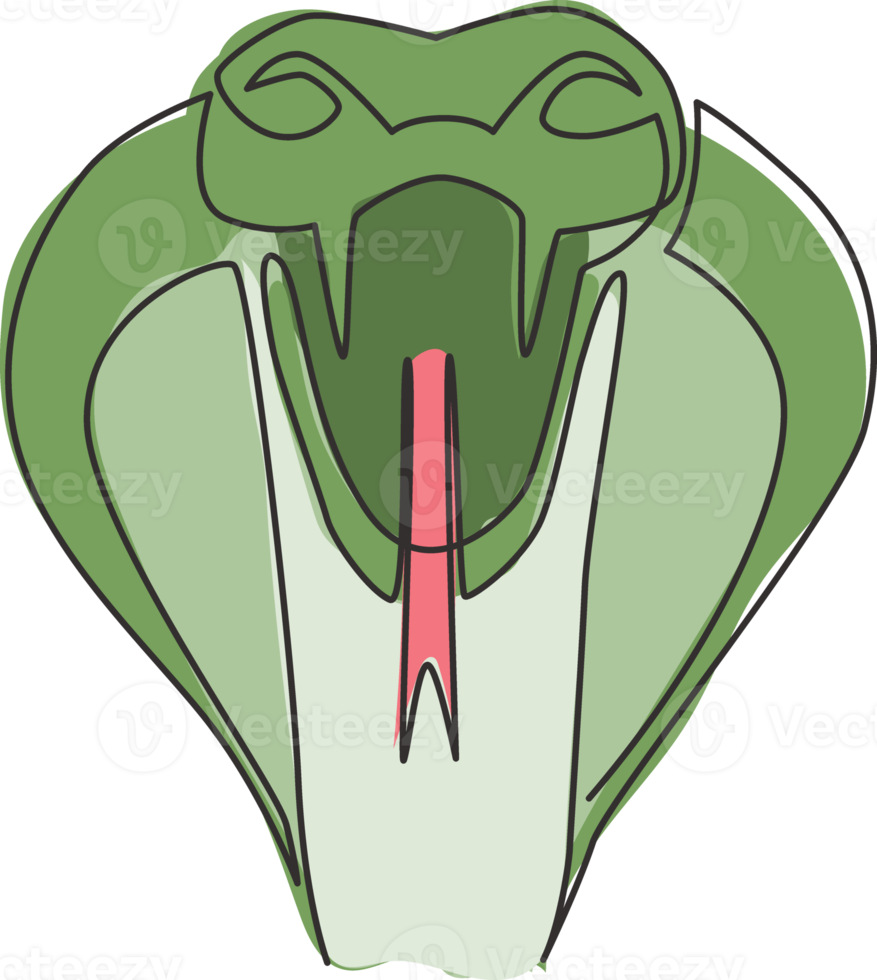 Single continuous line drawing of venomous snake for business logo identity. Deadly scary king cobra mascot concept for company brand icon. Dynamic one line draw design vector graphic illustration png