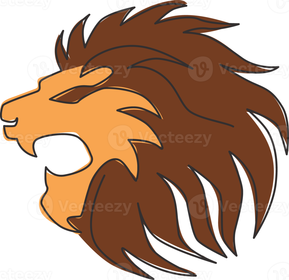 Single continuous line drawing of elegant lion head for sport club logo identity. Dangerous big cat mammal animal mascot concept for game club. Dynamic one line draw design illustration vector graphic png