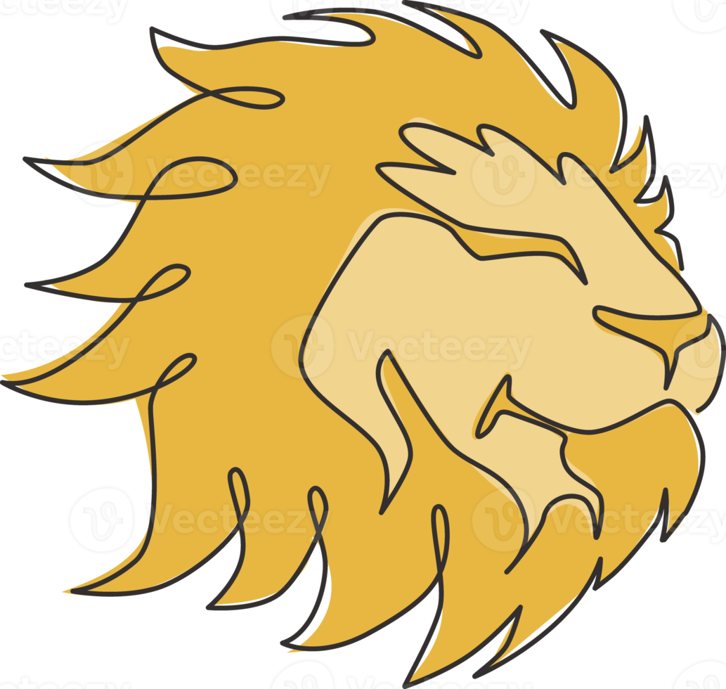 One continuous line drawing of king of the jungle, lion head for company logo identity. Strong feline mammal animal mascot concept for national safari zoo. Single line draw design illustration vector png