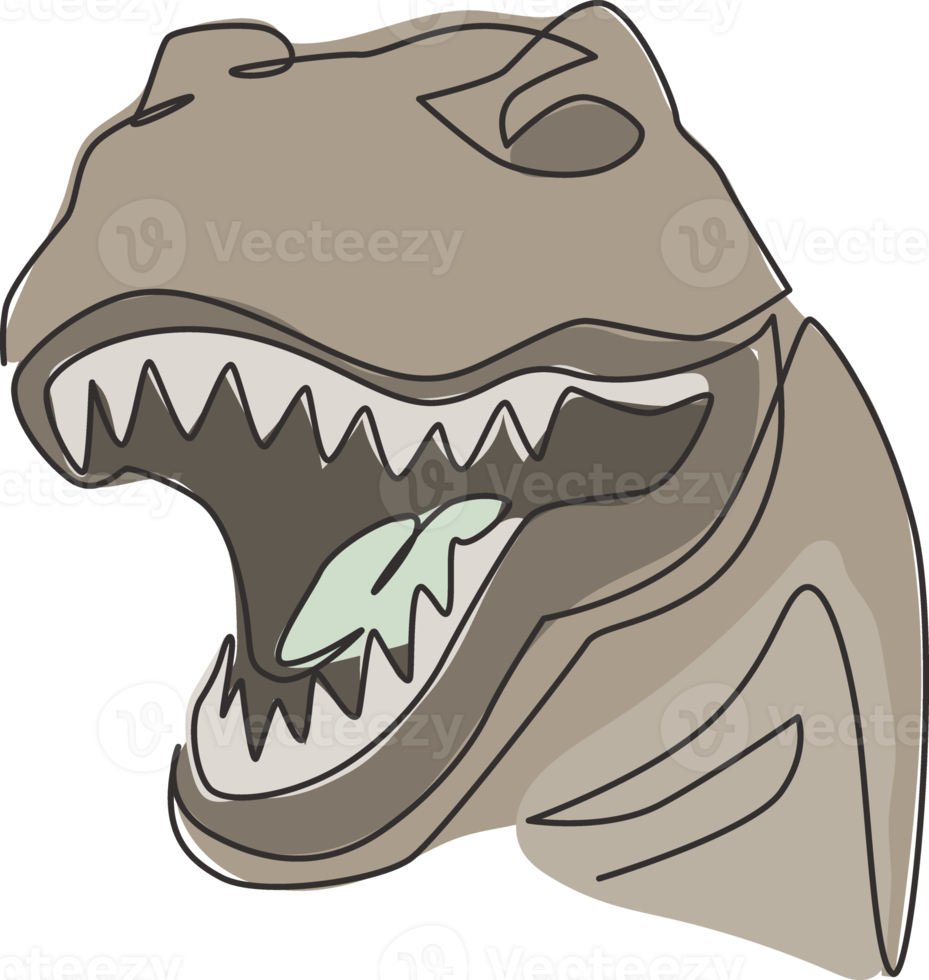 einzelne durchgehende Strichzeichnung des Tyrannosaurus Rex-Kopfes für die Logoidentität. prähistorisches Tiermaskottchen-Konzept für Dinosaurier-Themen-Vergnügungspark-Symbol. eine linie zeichnen grafikdesign-vektorillustration png