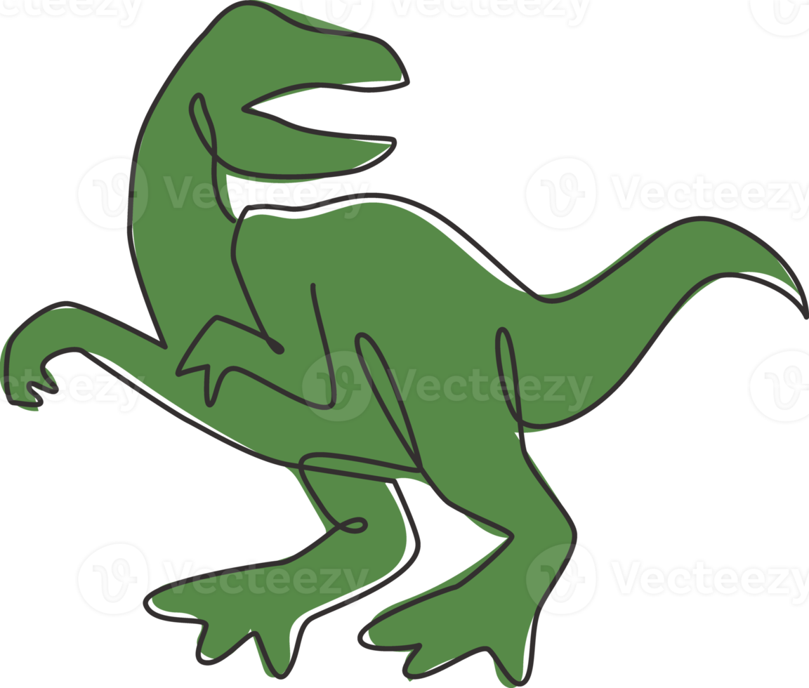 Single continuous line drawing of aggressive velociraptor for logo identity. Prehistoric animal mascot concept for dinosaurs theme amusement park icon. One line draw graphic design vector illustration png