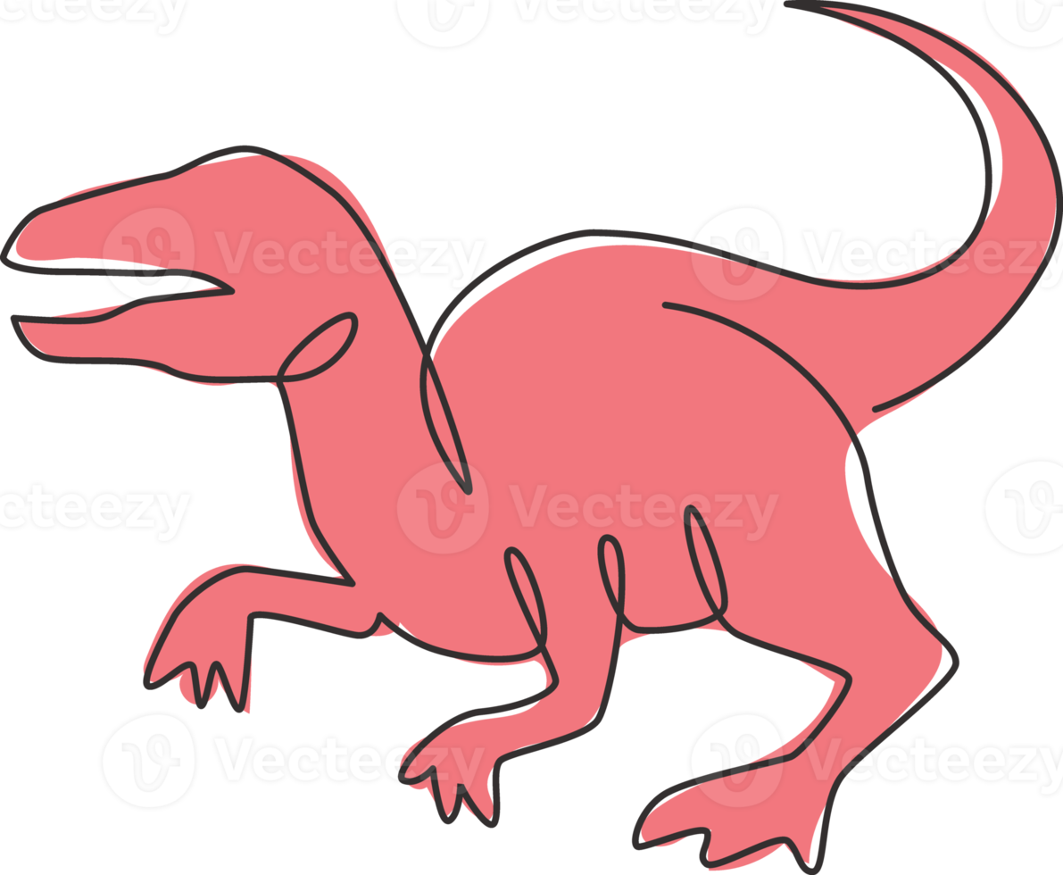 One continuous line drawing of aggressive predator velociraptor animal for logo identity. Raptor rex mascot concept for prehistoric museum icon. Single line draw design vector graphic illustration png