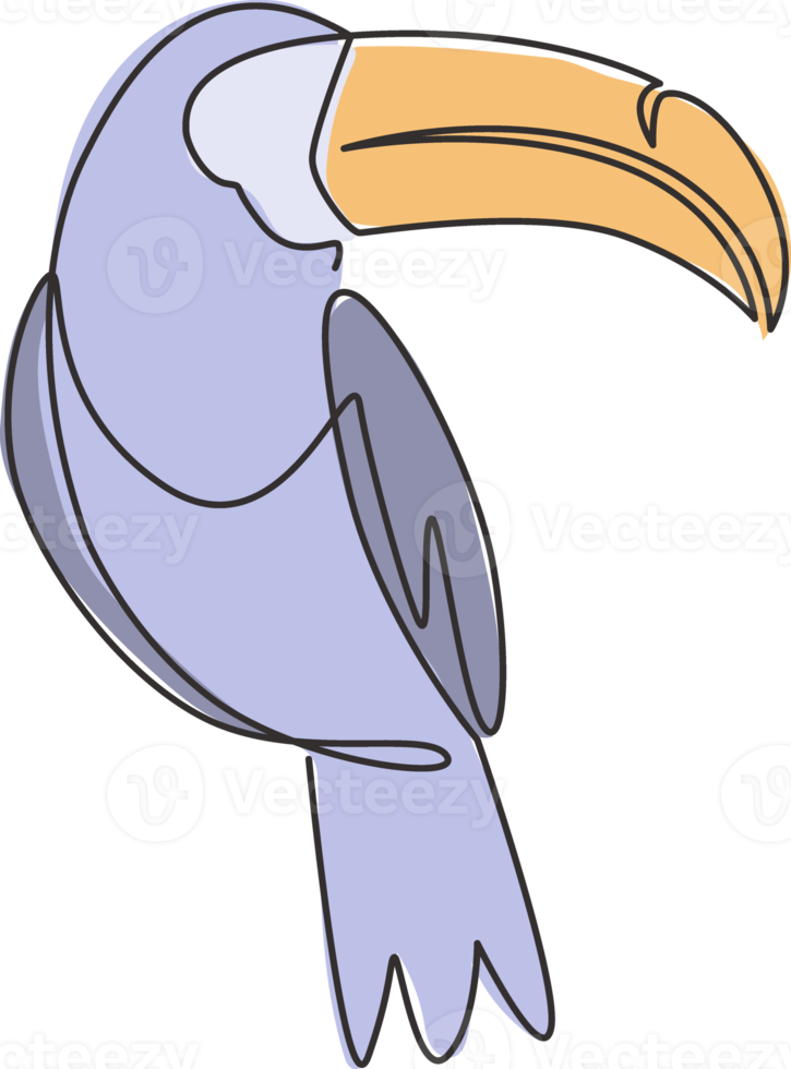 Single continuous line drawing of adorable toucan bird with big beak for logo identity. Endangered animal mascot concept for national zoo icon. Trendy one line draw graphic design vector illustration png