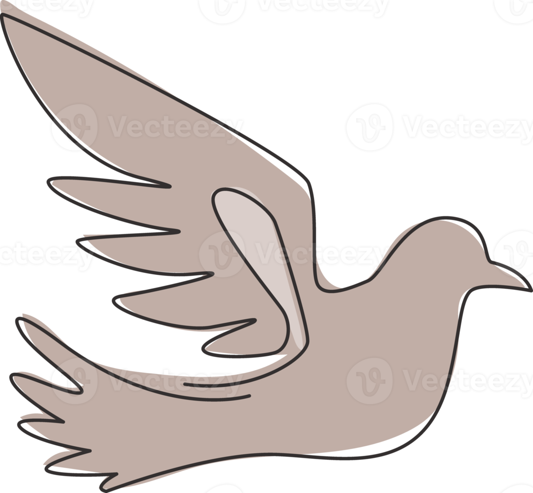 Single continuous line drawing of adorable flying dove bird for logo identity. Cute pigeon mascot concept for freedom and peace movement icon. Trendy one line draw graphic design vector illustration png