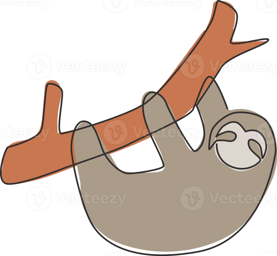 Single continuous line drawing of slow cute sloth hanging at limb tree for logo identity. Marsupial animal mascot concept for pet lover club icon. One line draw design graphic vector illustration png