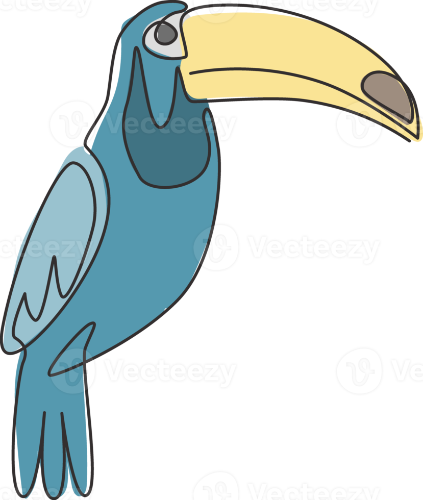 Eine einzige Strichzeichnung eines exotischen Tukanvogels mit großem Schnabel für die Logoidentität. Schönes Tiermaskottchenkonzept für das Symbol des Vogelliebhaberclubs. moderne durchgehende Linie zeichnen Design-Grafik-Vektor-Illustration png