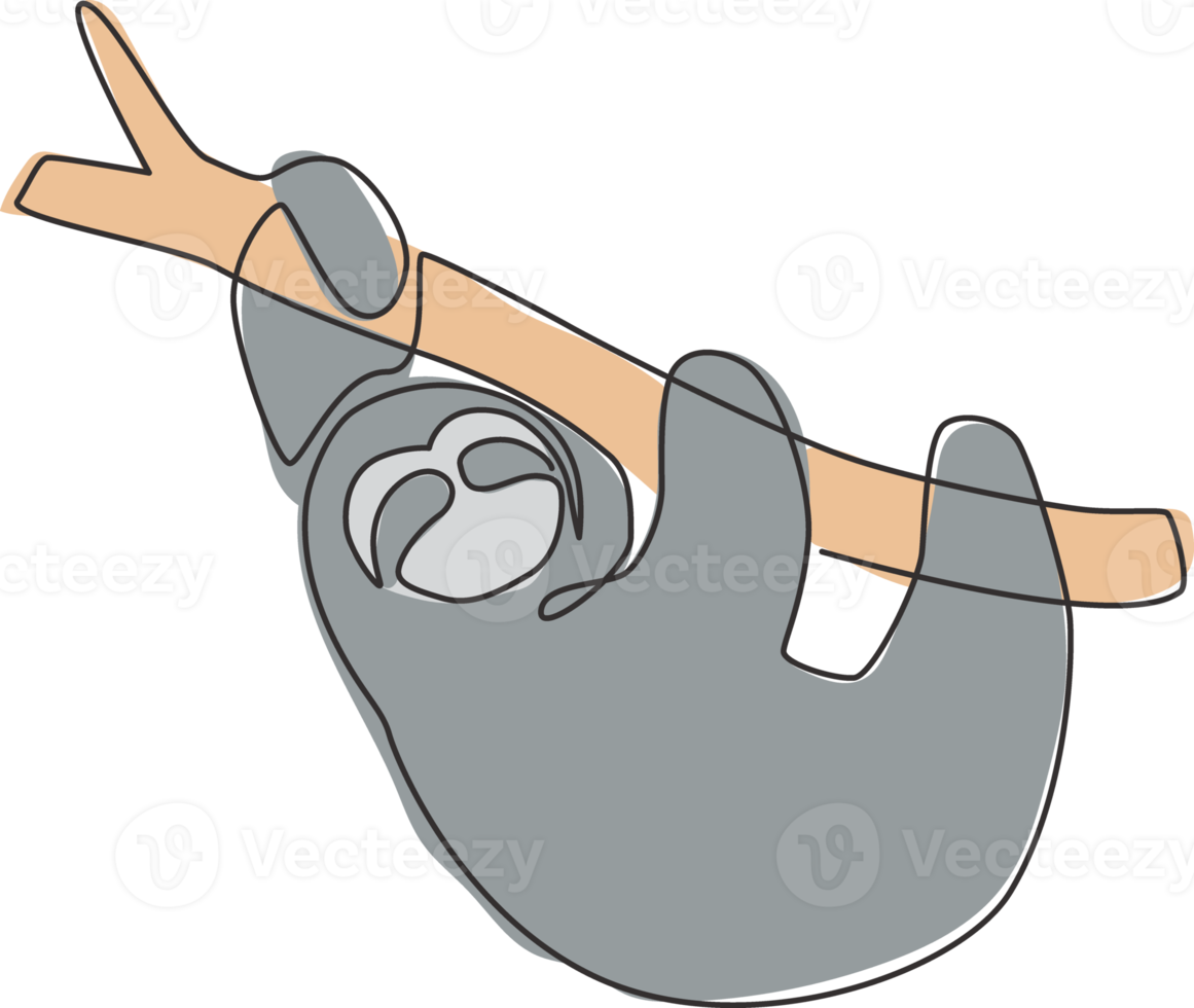 One continuous line drawing of lazy sloth hanging at the tree branch for logo identity. Mammal animal mascot concept for national park icon. Modern single line draw graphic design vector illustration png