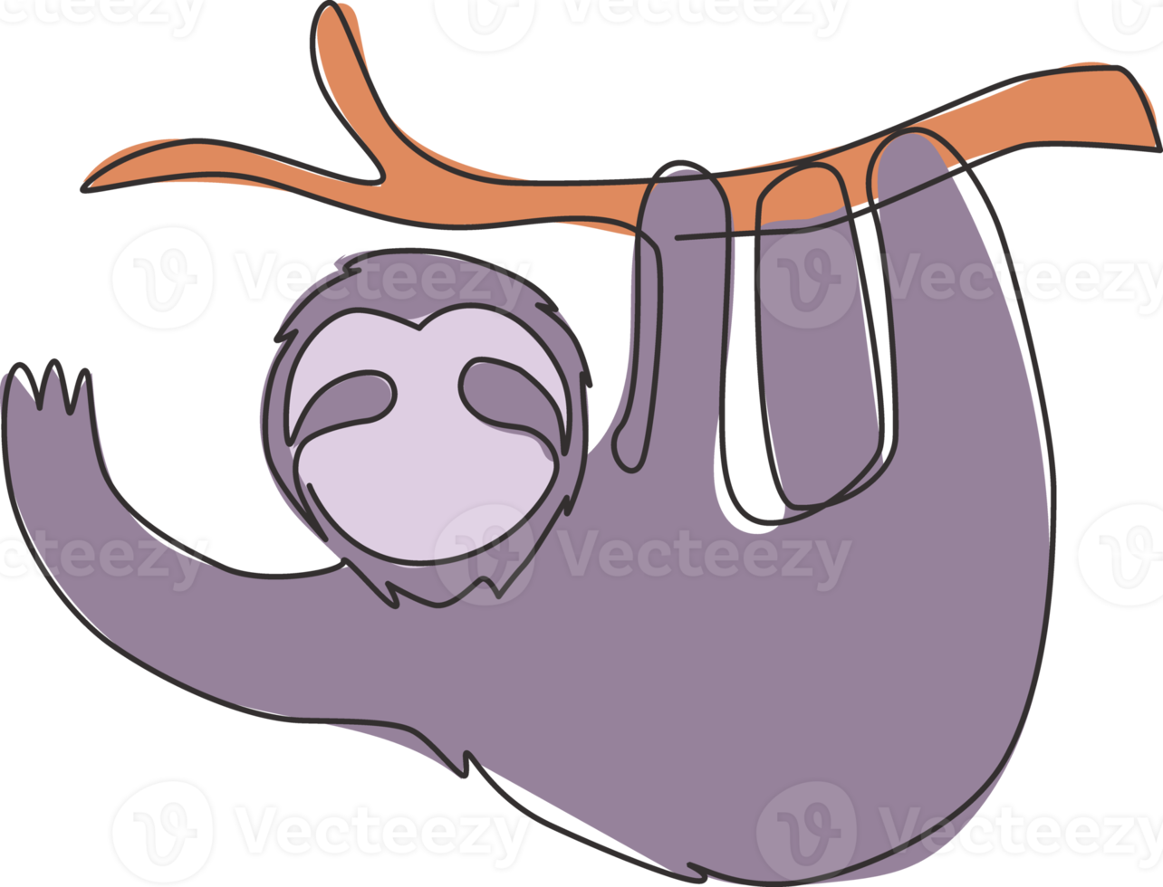 un disegno a linea singola di adorabile bradipo adorabile appeso e agitando la mano al ramo dell'albero per l'identità del logo. simpatico mammifero mascotte concetto per icona dello zoo. illustrazione vettoriale di disegno di disegno di linea continua png