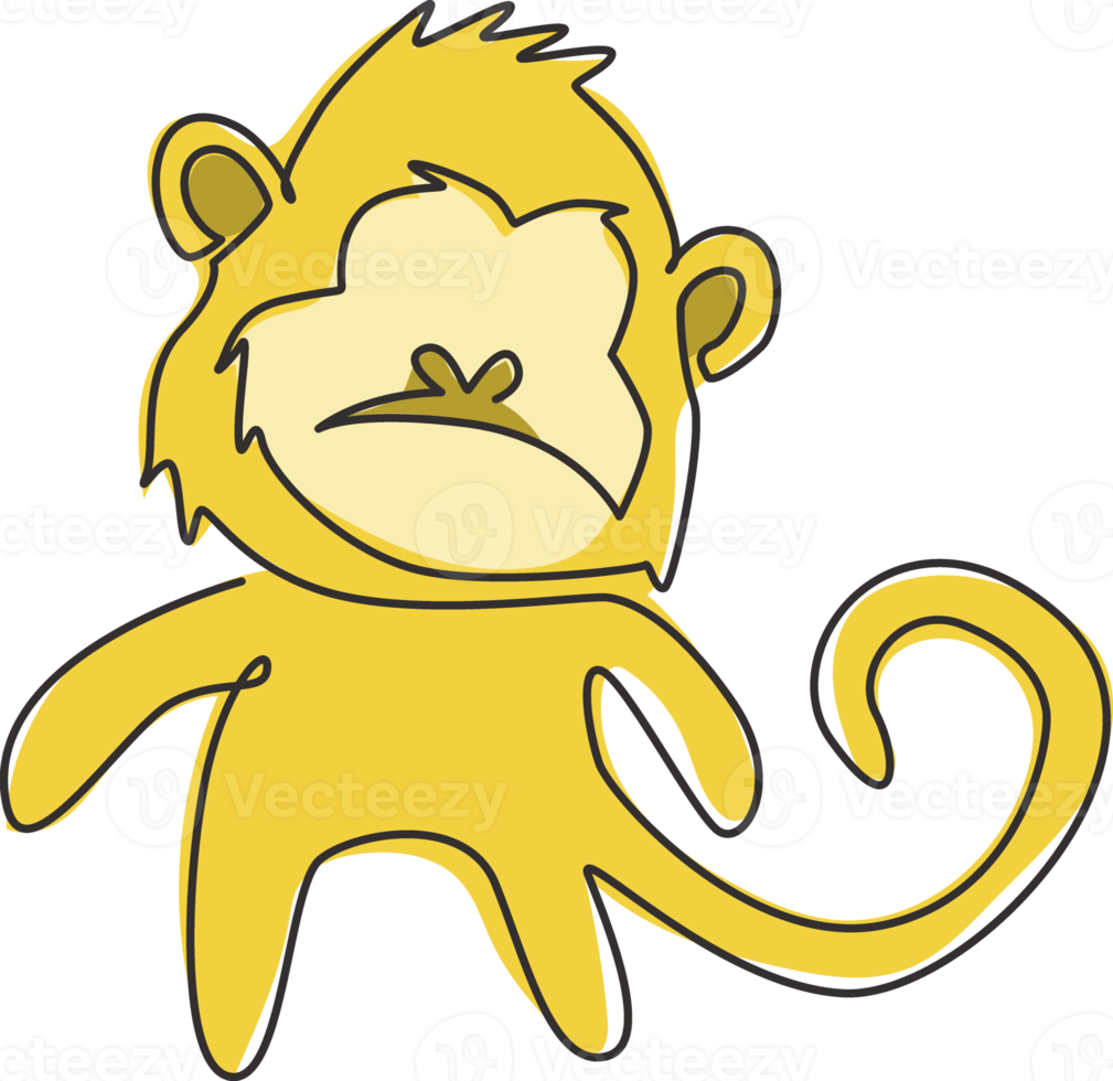 Single continuous line drawing of cute walking monkey for national zoo logo identity. Adorable primate animal mascot concept for circus show icon. One line draw design graphic vector illustration png