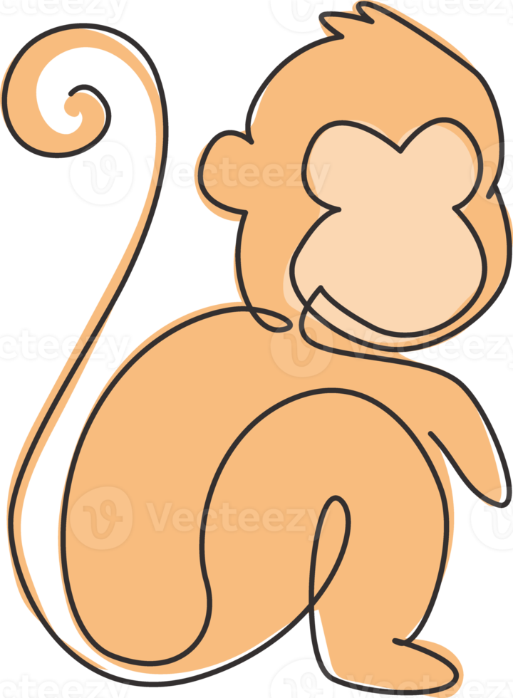 One continuous line drawing of cute sitting monkey for conservation jungle logo identity. Adorable primate animal mascot concept for national park icon. Single line draw design vector illustration png