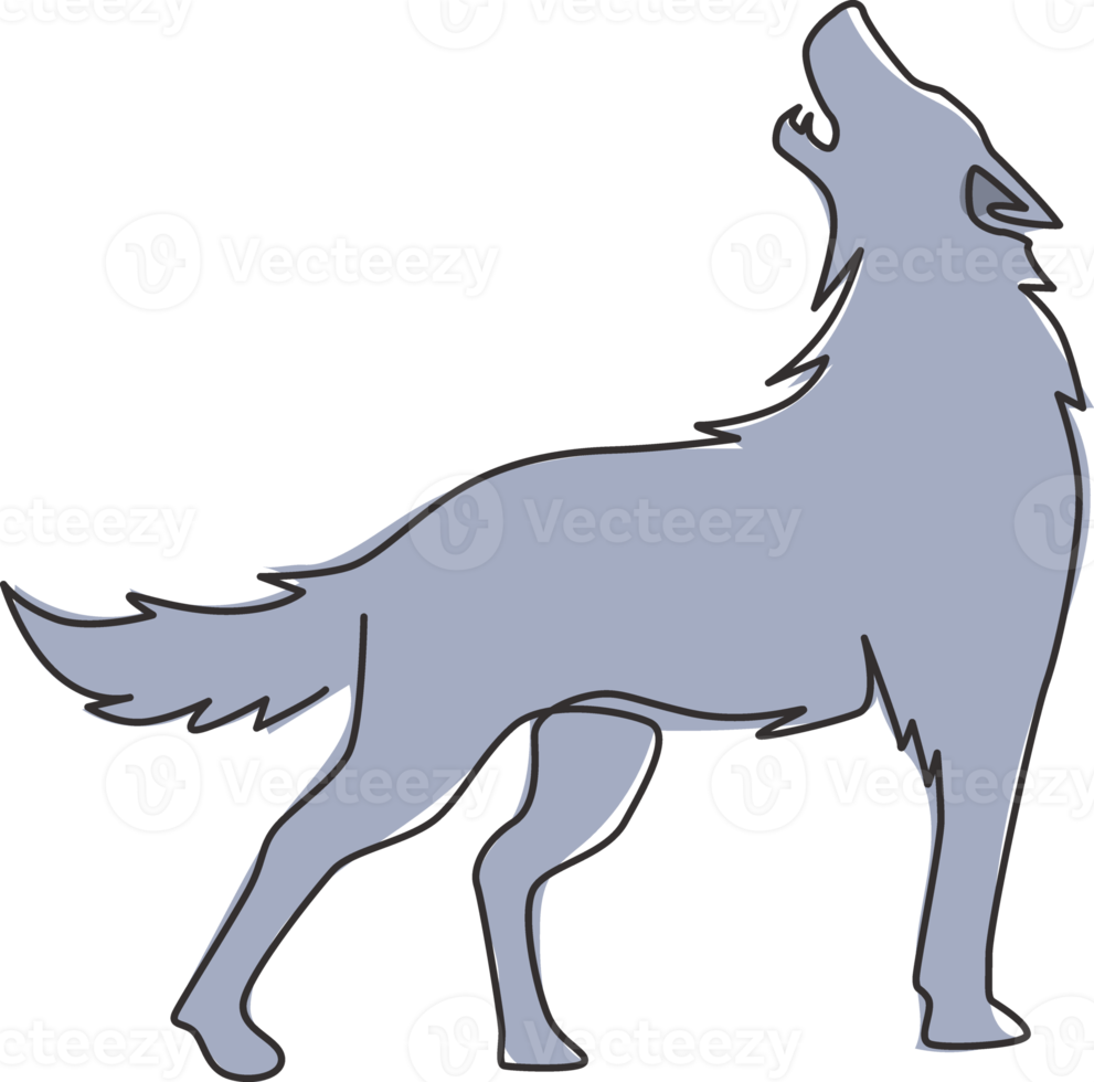 Single continuous line drawing of mysterious wolf for e-sport team logo identity. Strong wolves mascot concept for national park icon. Modern one line draw design graphic vector illustration png