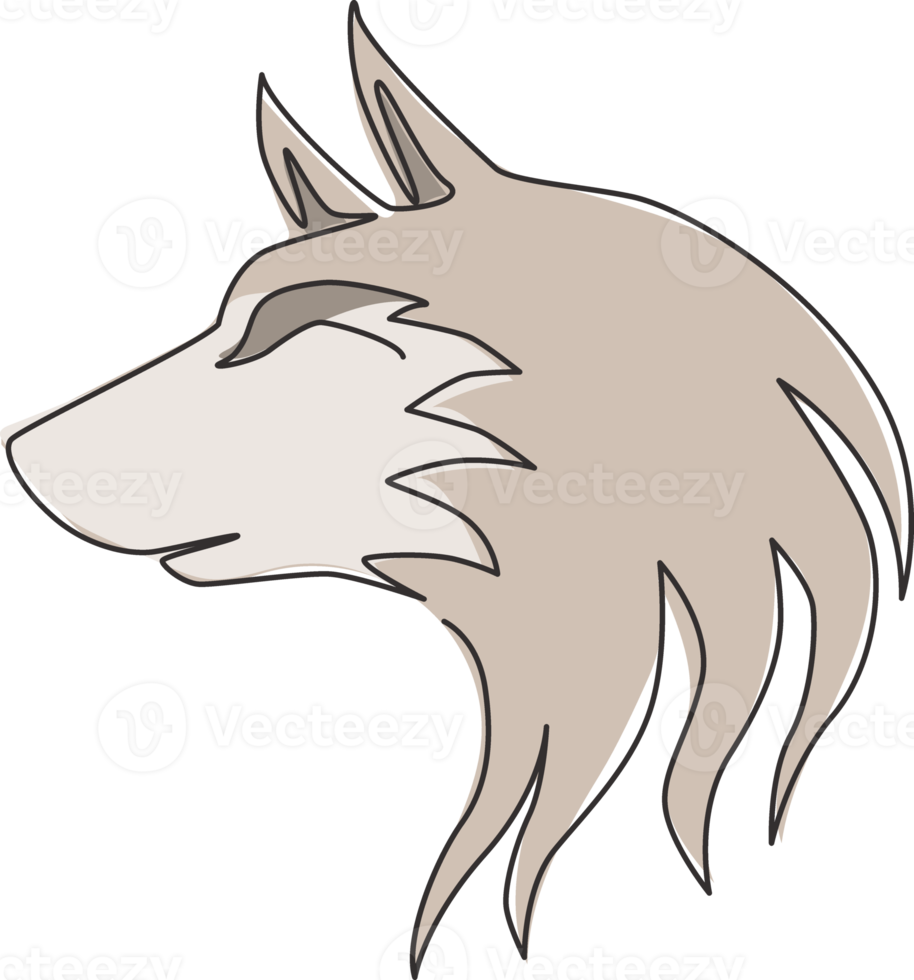 um desenho de linha contínua da cabeça de lobo perigosa para a identidade do logotipo da empresa. conceito do emblema do mascote dos lobos para o ícone do parque de conservação. ilustração do gráfico vetorial moderna de desenho de linha única png