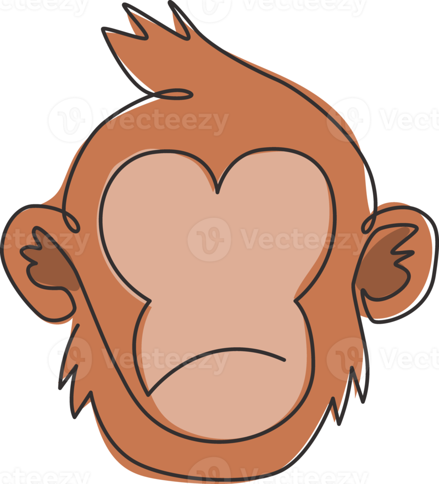 Eine einzige Strichzeichnung eines süßen, denkenden Affenkopfes für die Firmenlogo-Identität. entzückendes Primatentiermaskottchenkonzept für Unternehmensikone. durchgehende Linie zeichnen Design-Vektor-Illustration png