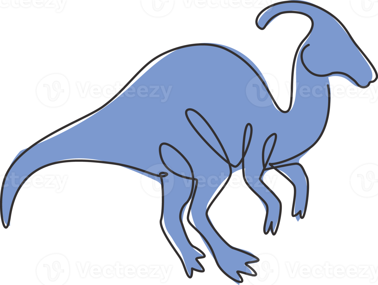 Single continuous line drawing of agile parasaurolophus for logo identity. Prehistoric animal mascot concept for dinosaurs theme amusement park icon. One line draw graphic design vector illustration png