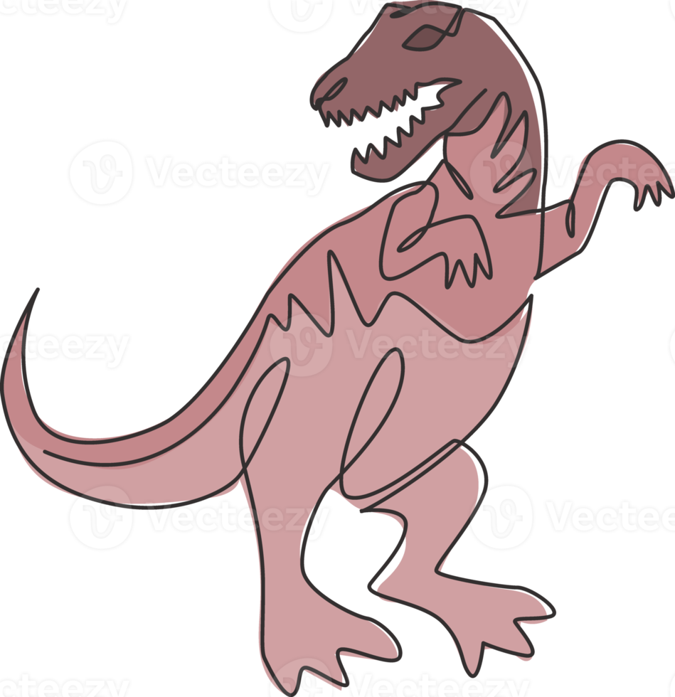 eine einzige Strichzeichnung des wütenden Tyrannosaurus Rex für die Logoidentität. Dino-Tier-Maskottchen-Konzept für das Symbol des prähistorischen Freizeitparks. moderne durchgehende Linie zeichnen Design-Vektorgrafik-Illustration png