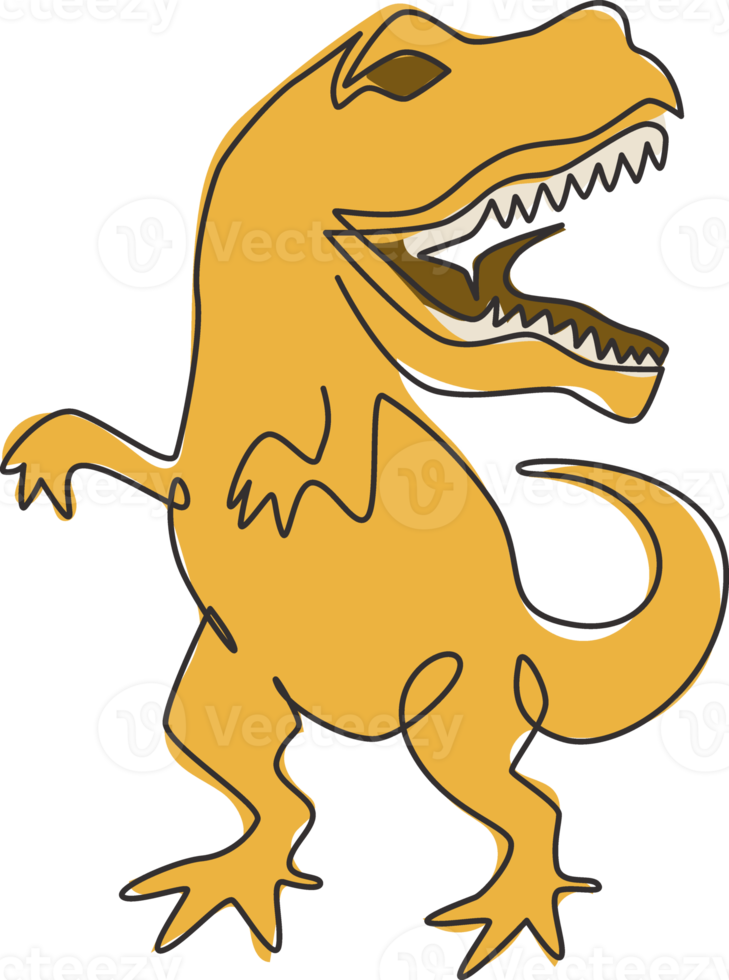 One single line drawing of wild and aggressive t-rex for logo identity. Dino animal mascot concept for prehistoric theme park icon. Trendy continuous line draw graphic design vector illustration png