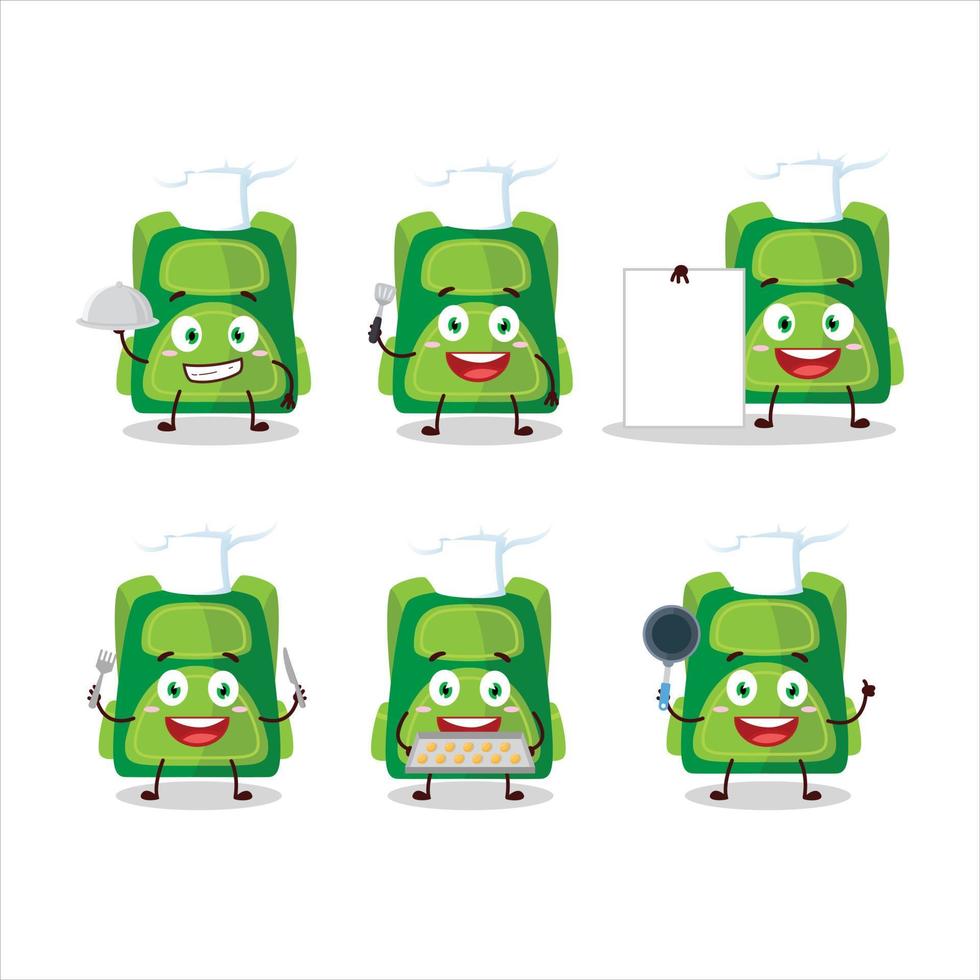 Cartoon character of green school bag with various chef emoticons vector