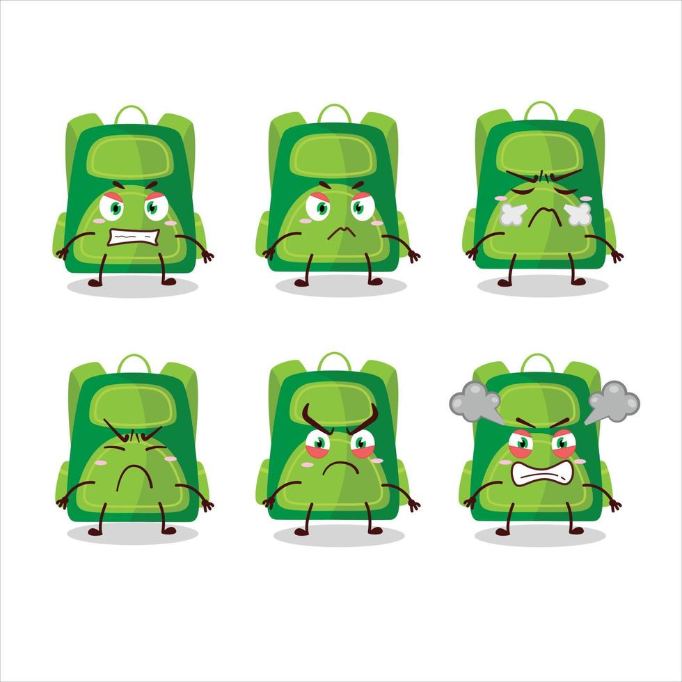 Green school bag cartoon character with various angry expressions vector