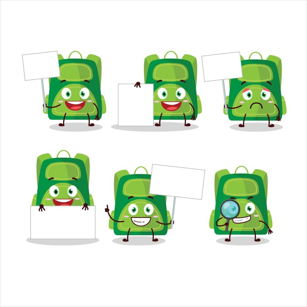 Green school bag cartoon character bring information board vector