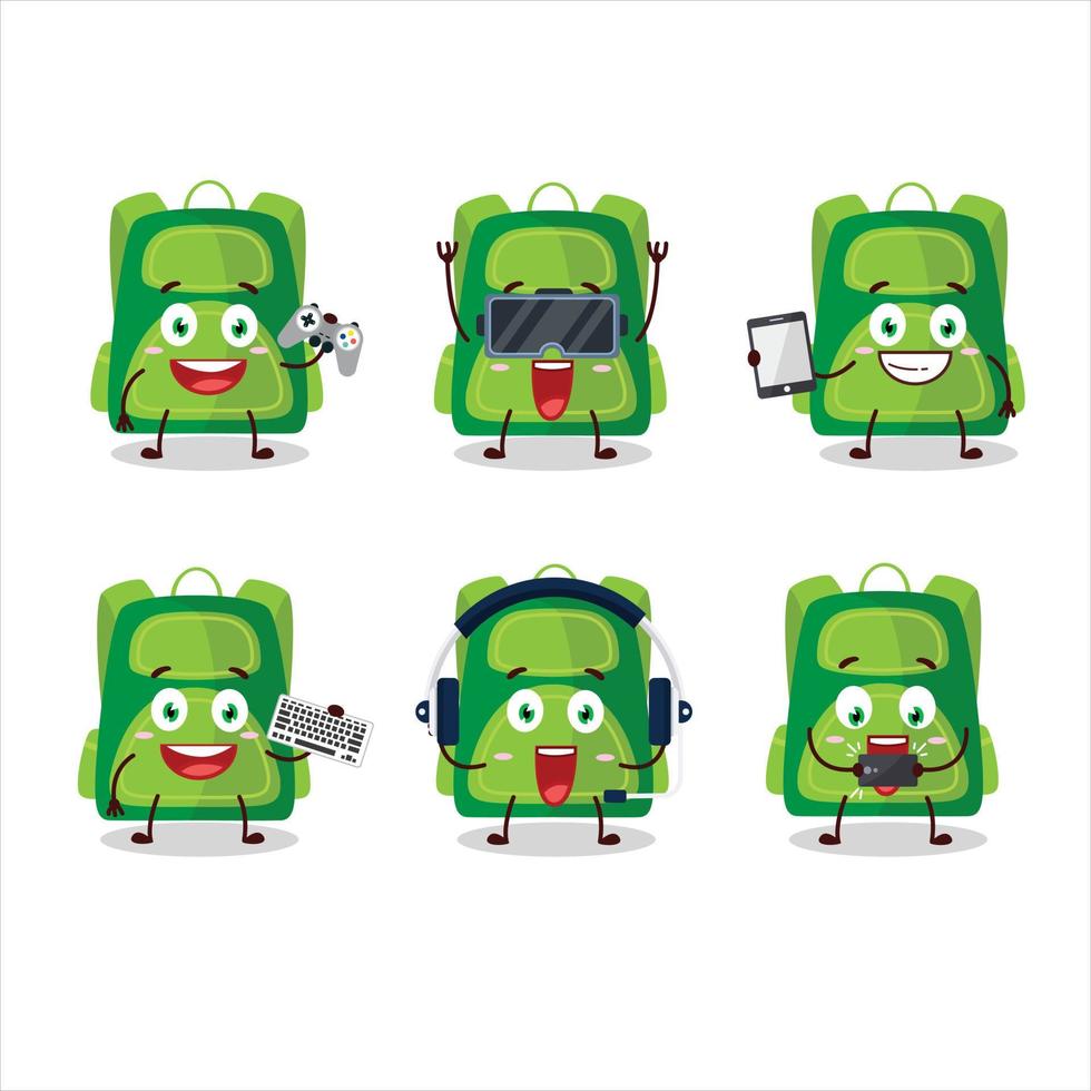 Green school bag cartoon character are playing games with various cute emoticons vector