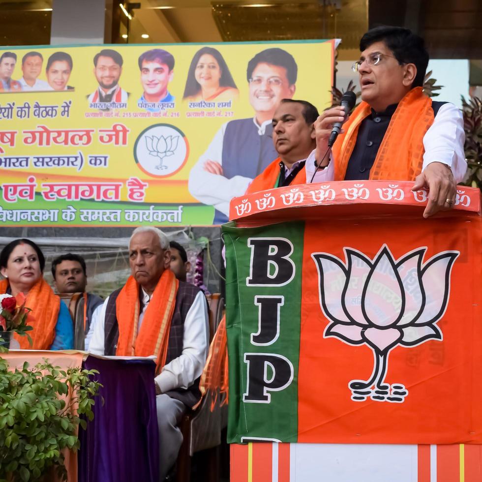 New Delhi, India - MARCH 27 2023 - Piyush Goyal Cabinet Minister and core member of Bharatiya Janata Party BJP during a rally in support of BJP candidate ahead of MCD local body Elections 2022 photo