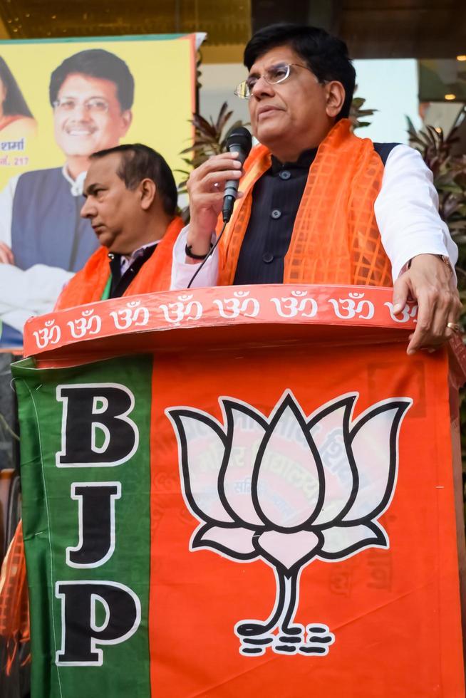 New Delhi, India - MARCH 27 2023 - Piyush Goyal Cabinet Minister and core member of Bharatiya Janata Party BJP during a rally in support of BJP candidate ahead of MCD local body Elections 2022 photo