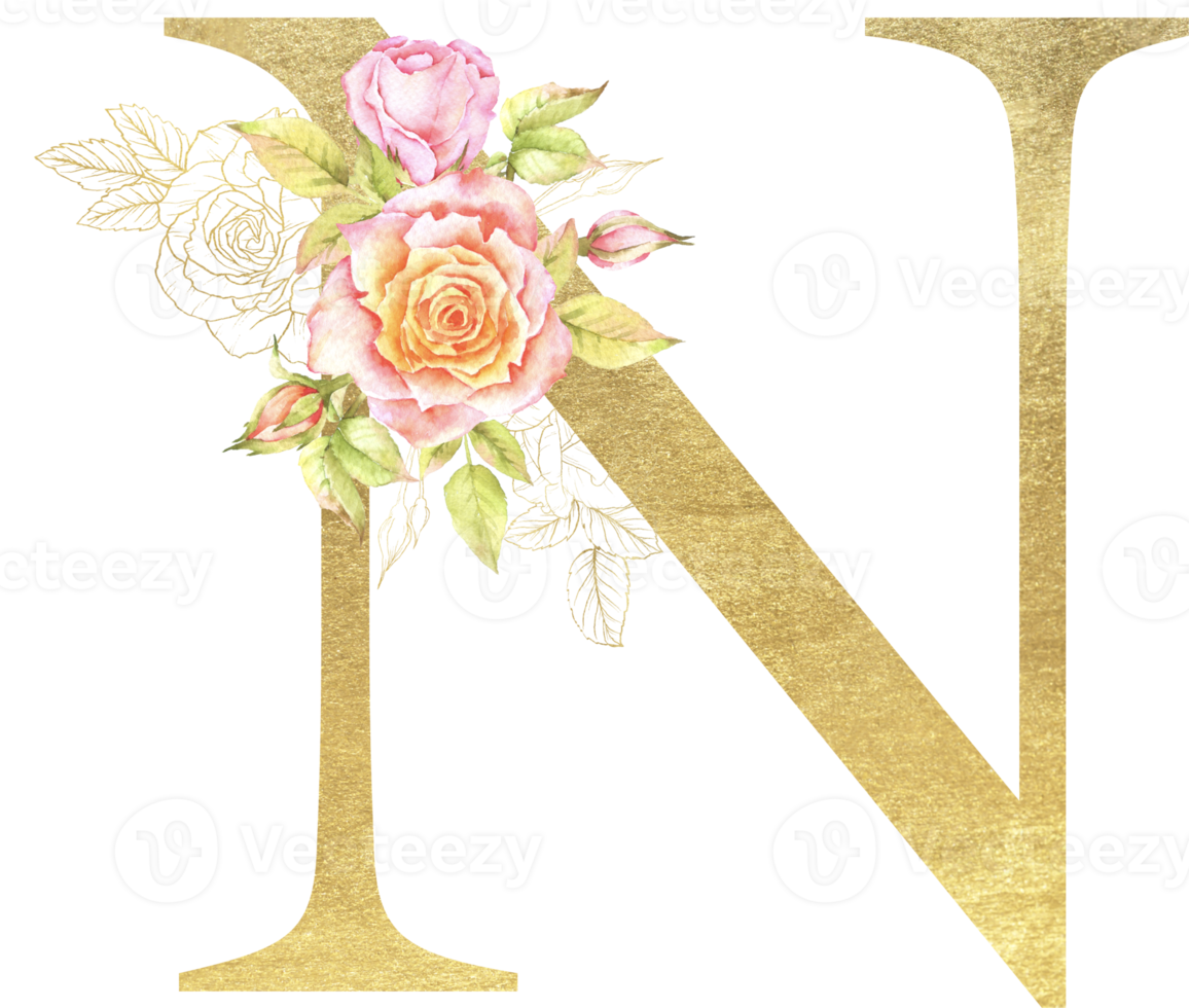 Gold Alphabet und Rose Blume Aquarell Hochzeit Brief png