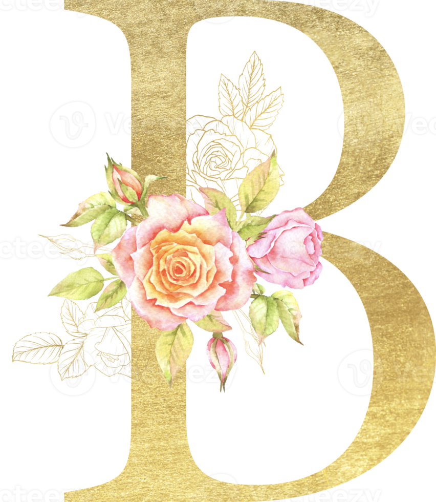 Gold Alphabet and Rose flower watercolor wedding letter png