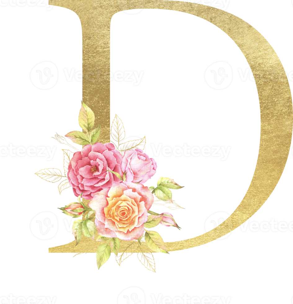 Gold Alphabet and Rose flower watercolor wedding letter png