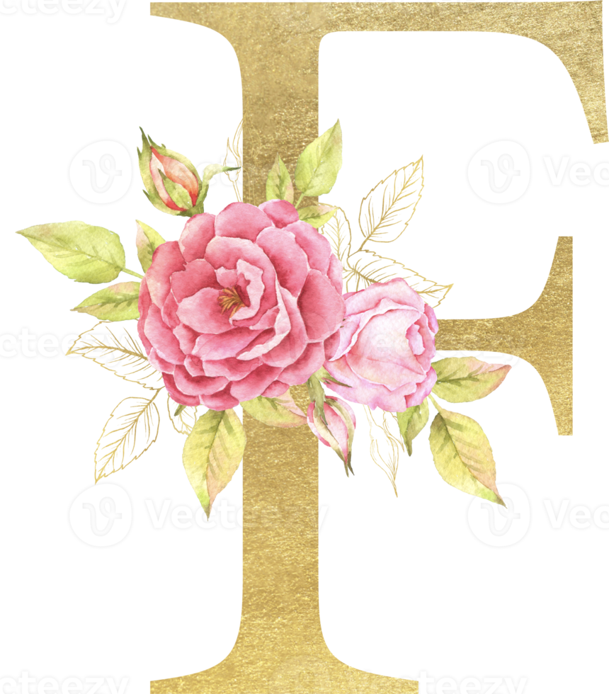 guld alfabet och reste sig blomma vattenfärg bröllop brev png