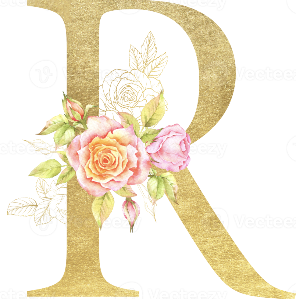 Gold Alphabet and Rose flower watercolor wedding letter png