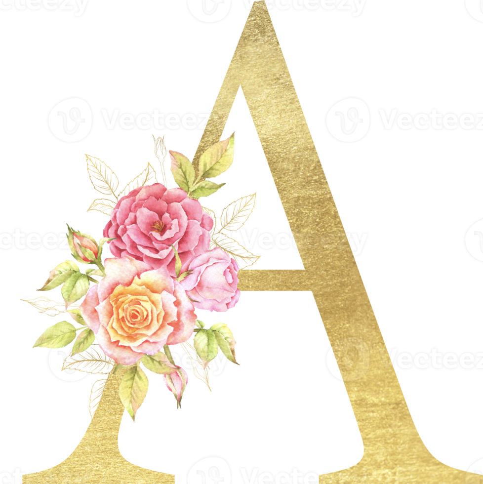 oro alfabeto e rosa fiore acquerello nozze lettera 22613223 PNG