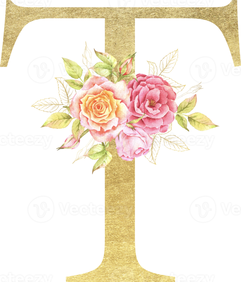 guld alfabet och reste sig blomma vattenfärg bröllop brev png