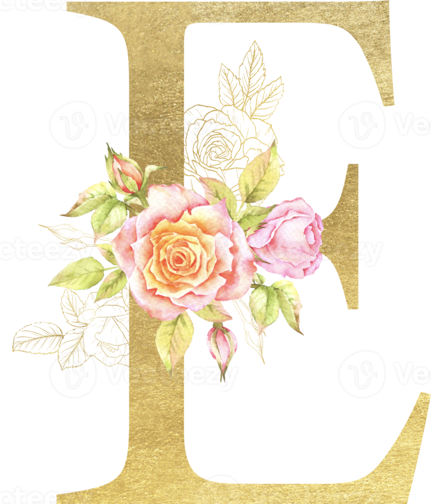 oro alfabeto y Rosa flor acuarela Boda letra png