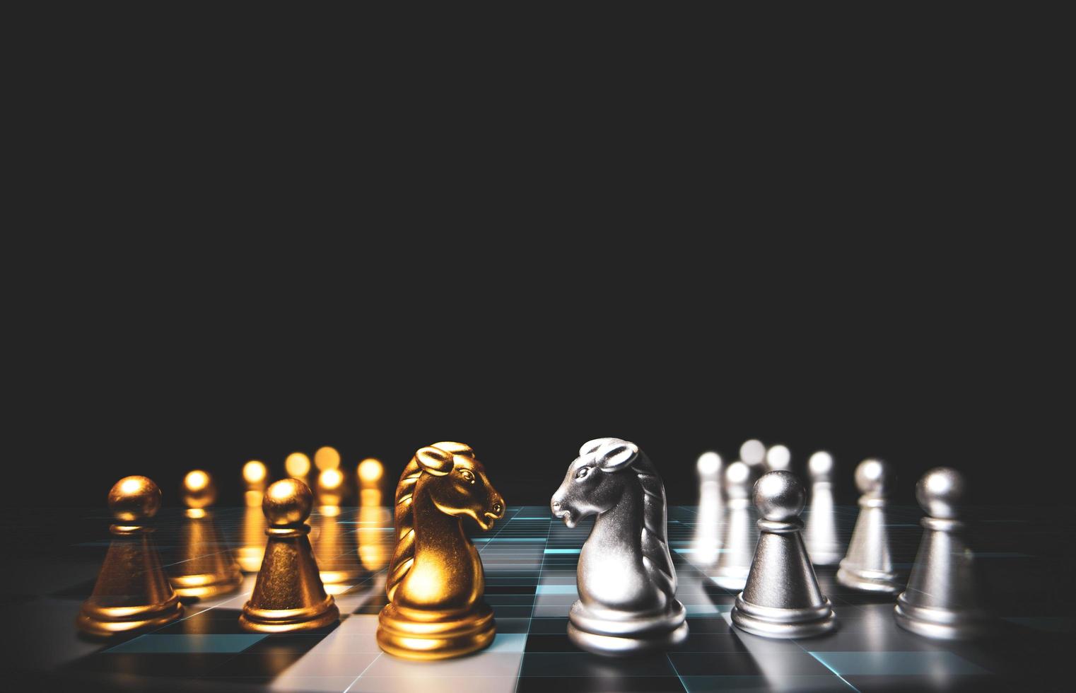 Strategic planning and leadership. Chess game on black and white background. Concept of business showing leadership, decision making, brainstorming with copy space for text. photo