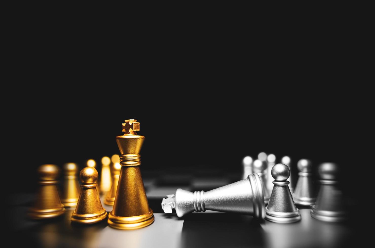 Strategic planning and leadership. Chess game on black and white background. Concept of business showing leadership, decision making, brainstorming with copy space for text. photo