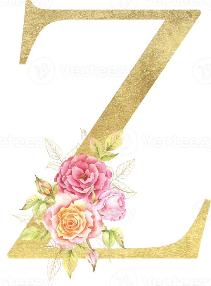 Gold Alphabet and Rose flower watercolor wedding letter png