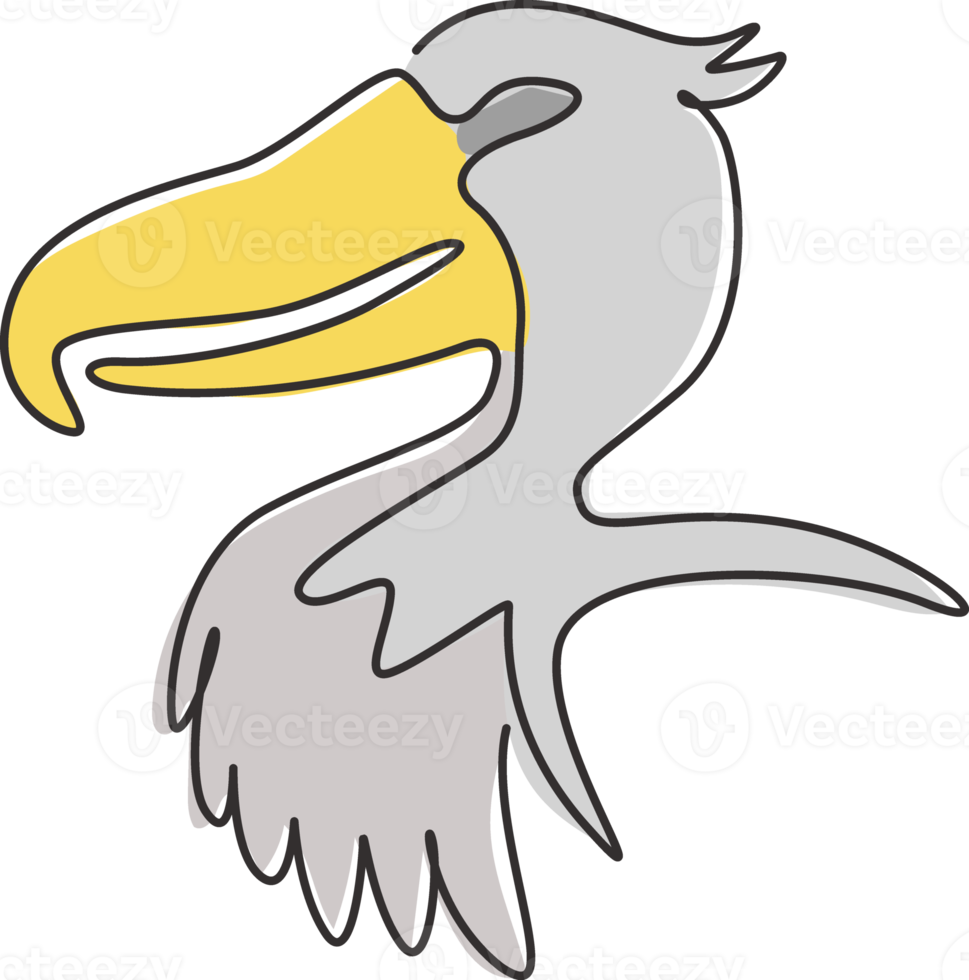 One continuous line drawing of big cute shoebill head for company logo identity. Enormous bird mascot concept for national zoo icon. Modern single line draw design vector graphic illustration png