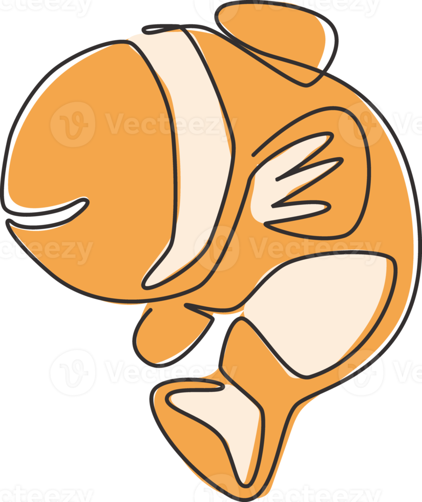 One single line drawing of cute clownfish for aquatic logo identity. Stripped anemone fish mascot concept for sea world icon. Modern continuous line draw design vector illustration png