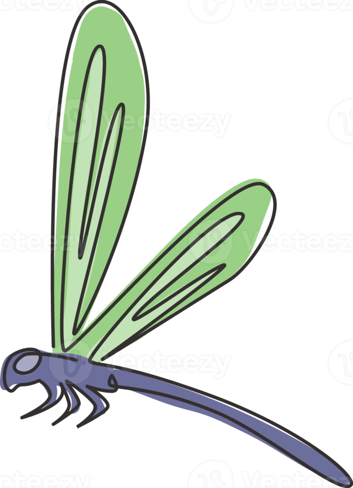 One continuous line drawing of agile fliers dragonfly for logo identity. Anisoptera animal mascot concept for insect lover club icon. Modern single line draw design vector illustration png