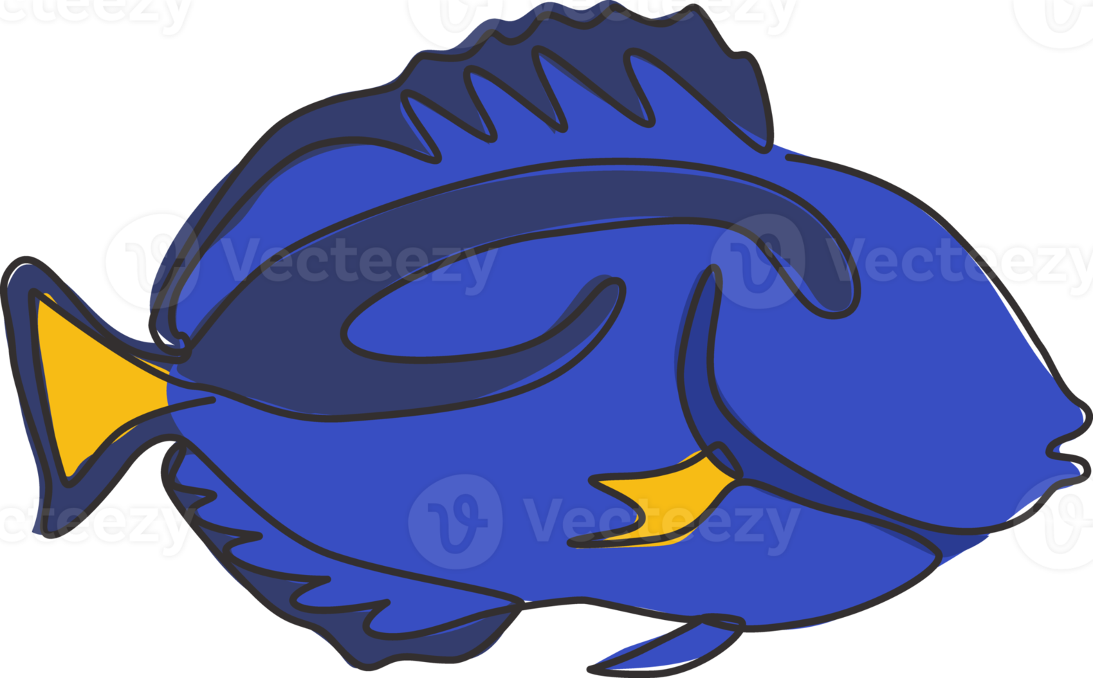 One continuous line drawing of cute blue tang fish for company logo identity. Surgeon fish mascot concept for aquatic show icon. Modern single line draw design vector graphic illustration png