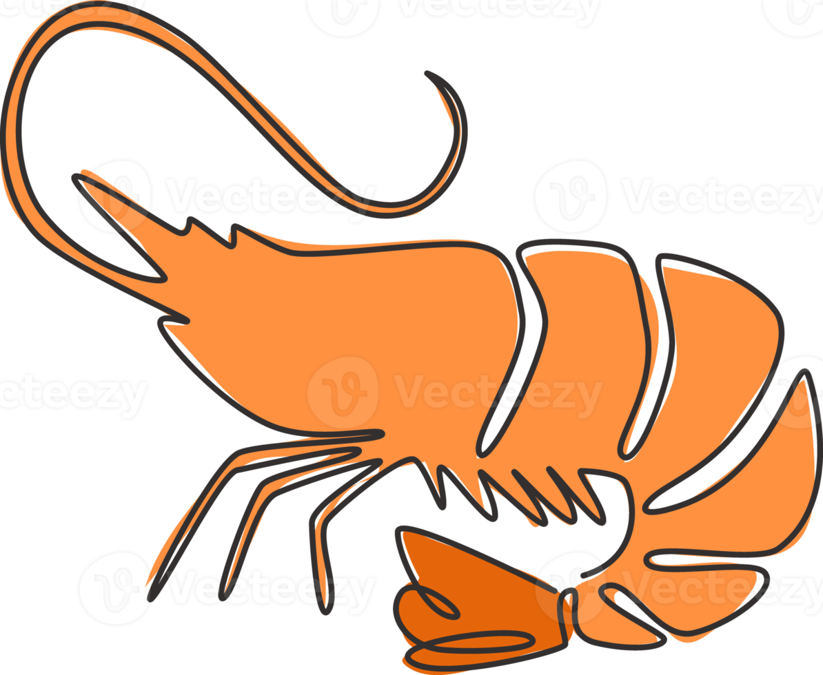 dibujo de línea continua única de camarones grandes para la identidad del logotipo de mariscos saludables. concepto de mascota de langostinos para el icono de restaurante chino. Ilustración de vector de diseño gráfico de dibujo de una línea png