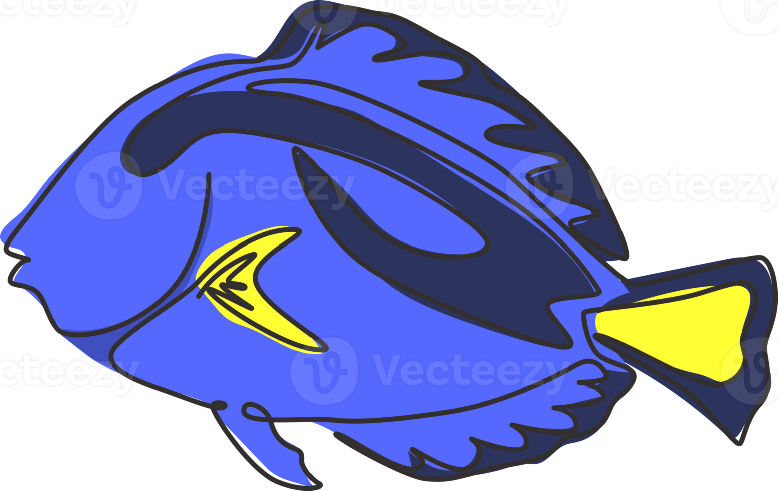 enda kontinuerlig linjeteckning av bedårande blå tangfisk för marin företagslogotyp. exotiska surgeonfish maskot koncept för Sea World Show ikon. moderna en rad rita design vektorillustration png