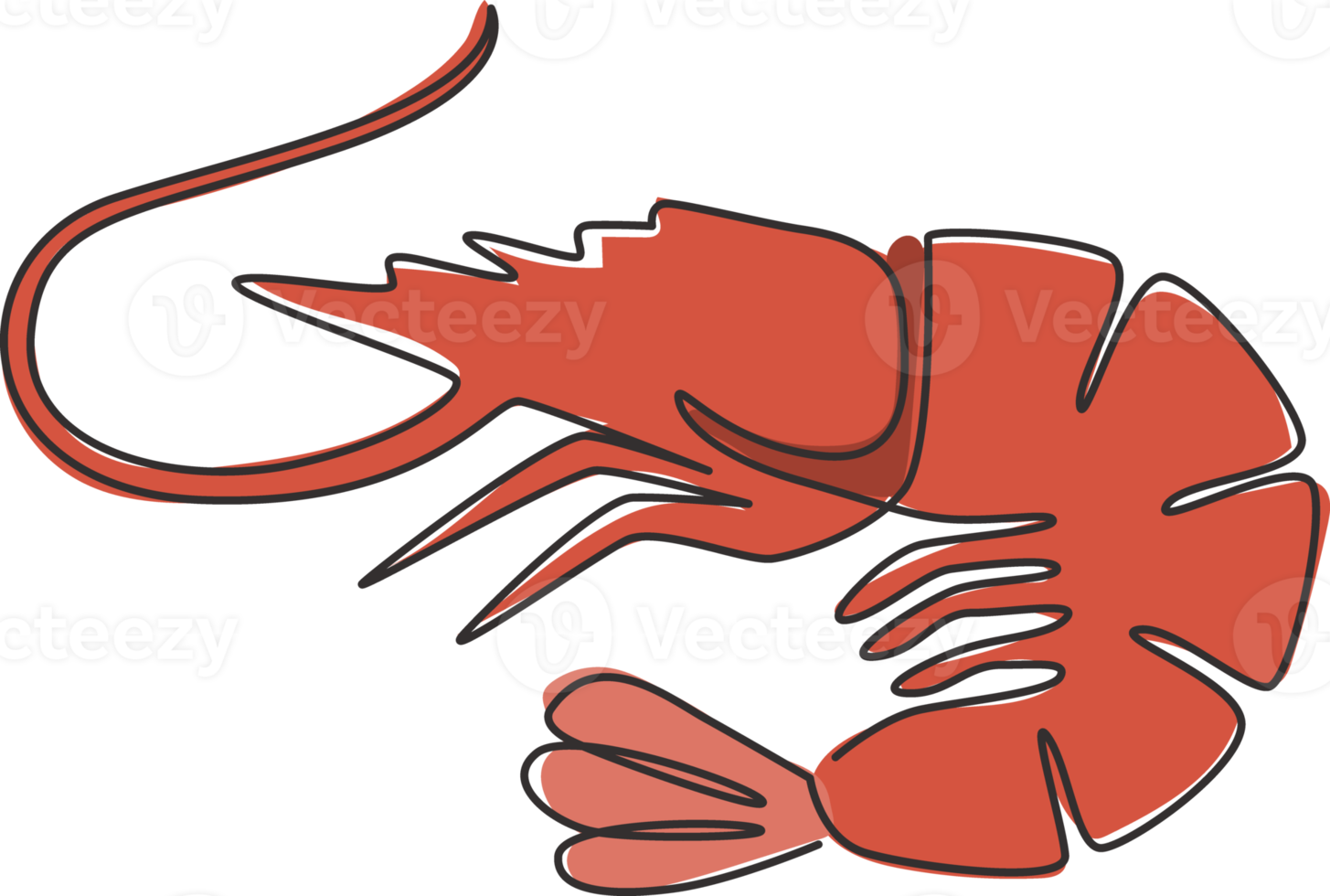 One continuous line drawing of fresh shrimp for seafood logo identity. Prawn mascot concept for Chinese restaurant icon. Single line draw design vector graphic illustration png