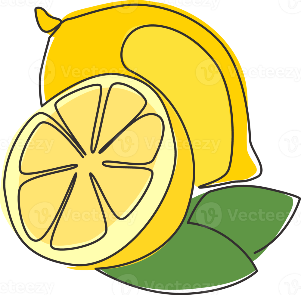 Single continuous line drawing of whole and sliced healthy organic lemon for orchard logo identity. Fresh zest fruitage concept for fruit garden icon. Modern one line draw design vector illustration png