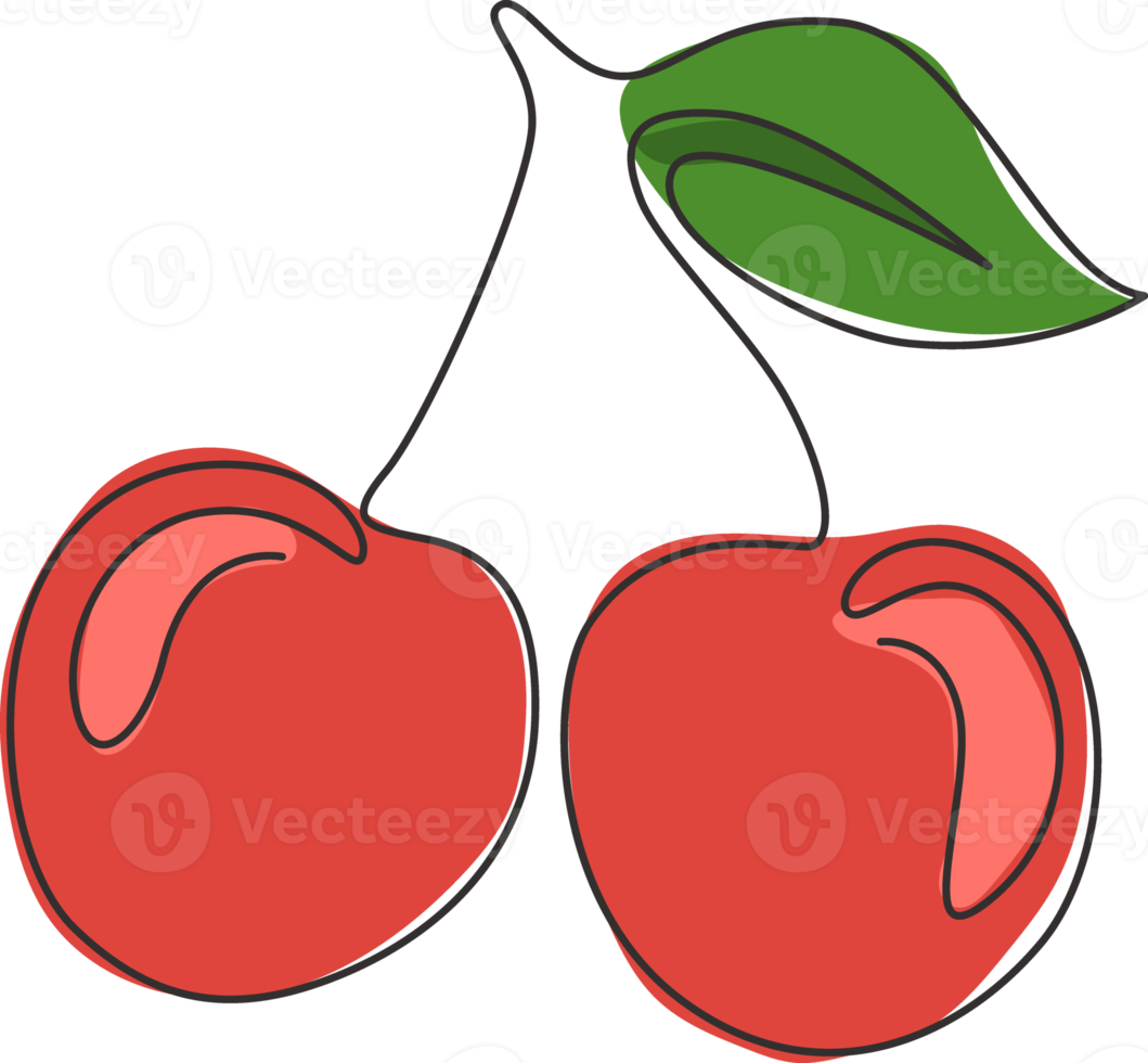 One continuous line drawing of whole healthy organic cherries for orchard logo identity. Fresh fruitage concept for fruit garden icon. Modern single line draw design graphic vector illustration png