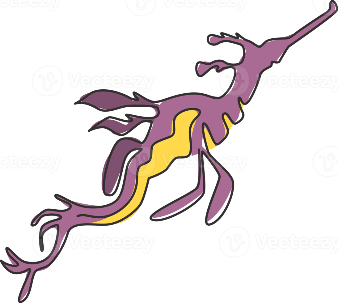 un dibujo de una sola línea de un hermoso dragón de mar frondoso para la identidad del logotipo de la empresa. concepto de mascota de monstruo marino para el icono de espectáculo de tanque de acuario. Ilustración de vector de diseño de dibujo gráfico de línea continua moderna png