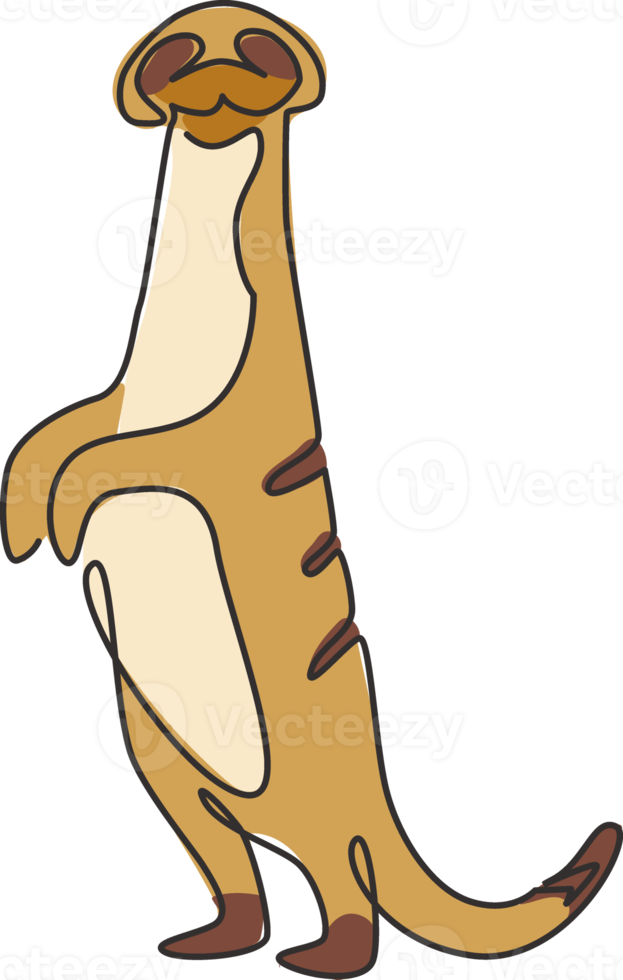 One continuous line drawing of cute meerkat for company logo identity. Little mongoose carnivore mascot concept for national conservation park icon. Modern single line draw design vector illustration png