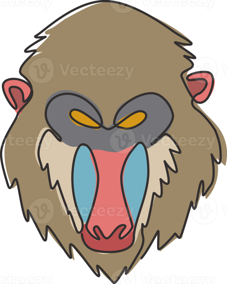 un dibujo de una sola línea de una cabeza de mandril exótica para la identidad del logotipo de la empresa. concepto de mascota de cara de mono más grande para el icono del parque nacional de safari. Ilustración de vector de diseño de dibujo de línea continua moderna png