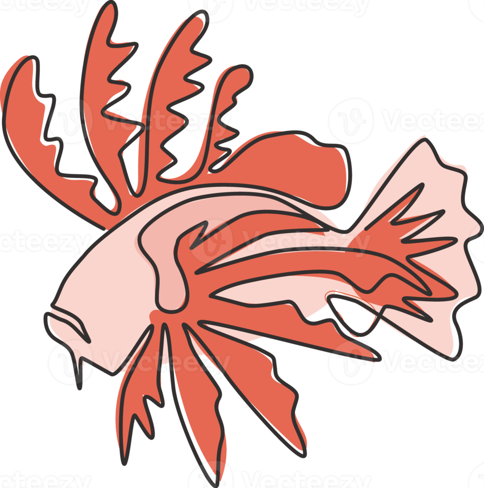 One continuous line drawing of scary lionfish for company logo identity. Sea monster fish creature mascot concept for aquatic show icon. Modern single line draw design graphic vector illustration png